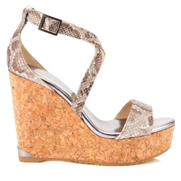Jimmy Choo Shoes - Jimmy Choo Portia Natural Snake Print Leather Suede Platform Cork Wedge sz 35 5